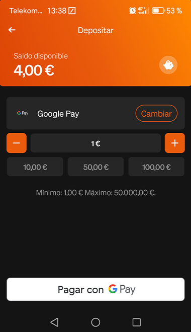 Confirmación del depósito en la cuenta de la casa de apuestas.