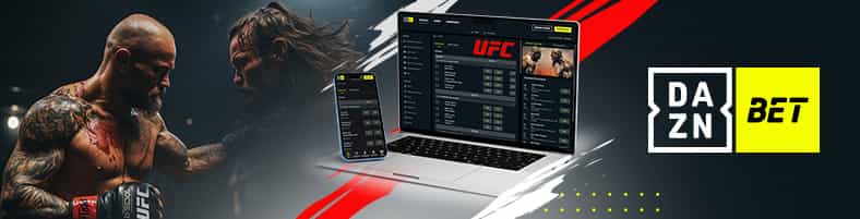 Dos luchadores y un ordenador con cuotas para apostar a UFC en vivo en DAZN Bet.