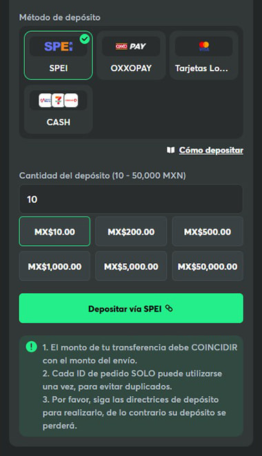 Depósito que activa el bono desde el cajero del operador.