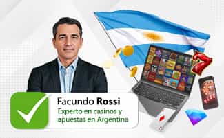 El autor Facundo Rossi, experto en casinos y apuestas en Argentina, junto a una bandera de Argentina, un laptop, un celular, monedas de oro y un diamante y un 7 (símbolos típicos de las tragamonedas)
