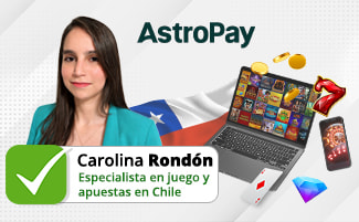Carolina Rondón junto a un portátil, una bandera de Chile, el logo de AstroPay y varios elementos de casinos