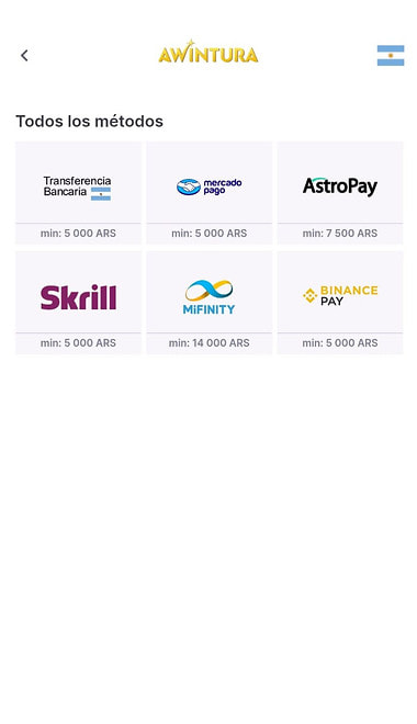 Cajero de Awintura con todos los métodos de pago y AstroPay entre las opciones.