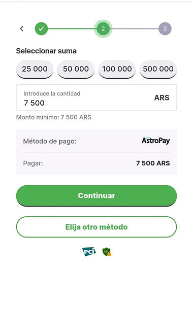Pantalla para elegir el monto del depósito con AstroPay y confirmar la operación.