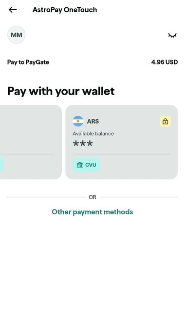 Pasarela AstroPay OneTouch con el saldo en pesos disponible para pagar.