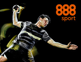Un jugador de balonmano y el logo de 888sport, operador con apuestas a balonmano.