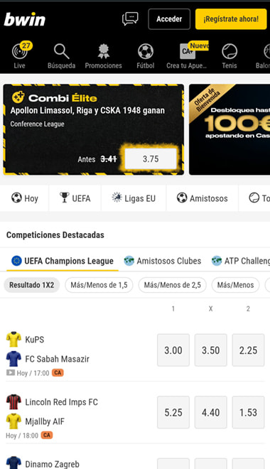 Pantalla principal de la app de apuestas de bwin para móviles.