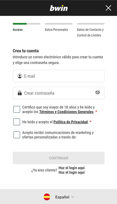 Pantalla para realizar el registro de cuenta en bwin.