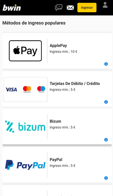 Pantalla principal de los métodos de pago disponibles en la app de bwin.