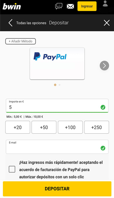 Pantalla para realizar el depósito en bwin con el método de PayPal.