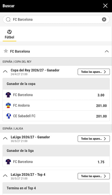 Pantalla de las principales apuestas en bwin para el FC Barcelona.