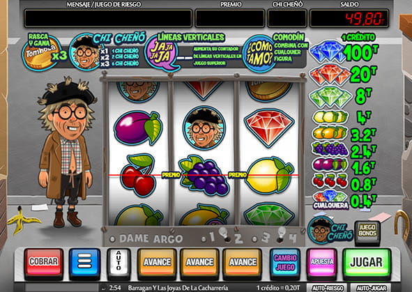 Imagen de la slot del proveedor MGA Barragán y las joyas de la cacharrería; con sus característicos tres rodillos, los símbolos clásicos de las tragaperras de los bares y sus dos pantallas de juegos, superior e inferior.