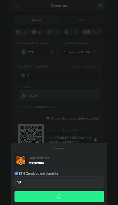 Escoge una moneda como USDT y verifica la red correcta antes de continuar.