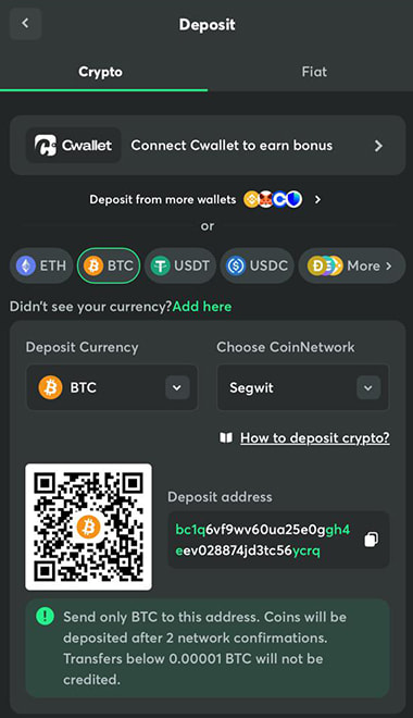 Elige la opción de Crypto o Fiat según prefieras usar criptomonedas o métodos locales.