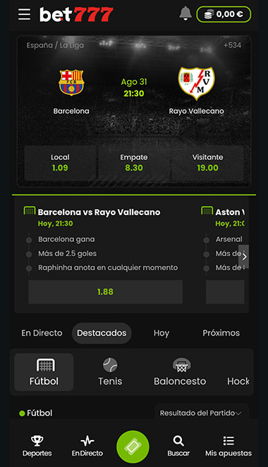Pantalla principal de la app de la casa de apuestas de bet777.