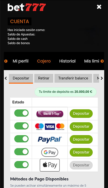 Pantalla con lso métodos de pago disponibles en bet777.