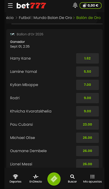 Pantalla con las cuotas para apostar al ganador del balón de oro en bet777.