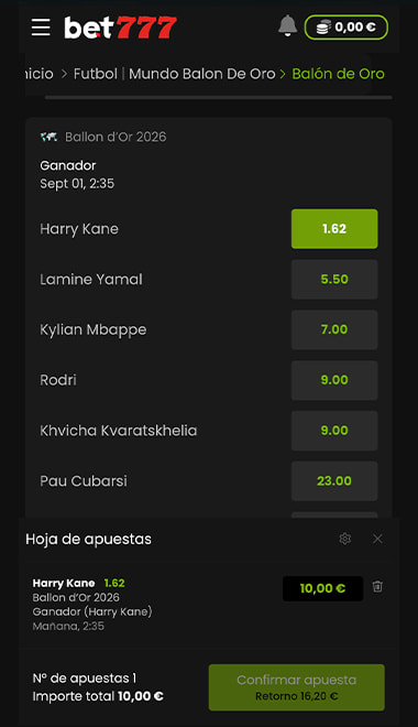 Pantalla con la confirmación de la apuesta al ganador del balón de oro en bet777.