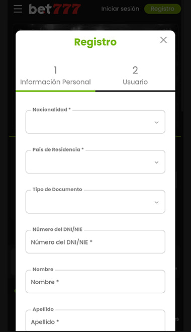 Pantalla de registro en la app de Bet777.