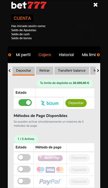 Pantalla de selección de Bizum como método de pago preferente.