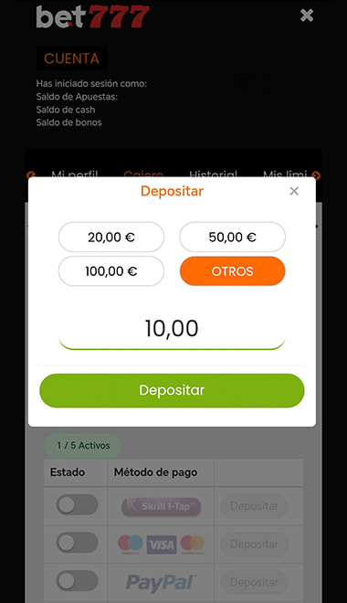 Pantalla con la cantidad a depositar.