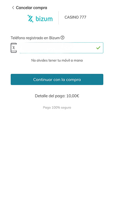 Pantalla de confirmación de Bizum en tu banco.
