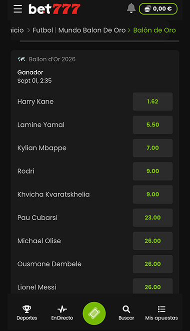 Pantalla de apuesta al Balón de Oro en Bet777.
