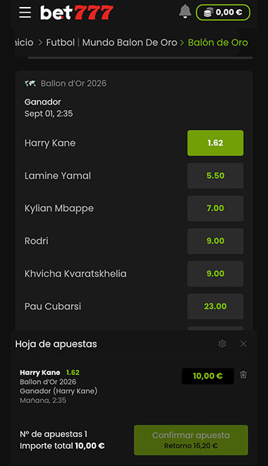 Pantalla de confirmación de la apuesta.