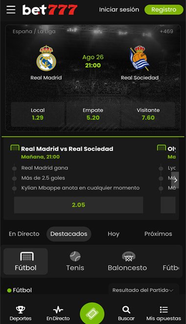 Pantalla principal de la app de bet777 con apuestas destacadas.