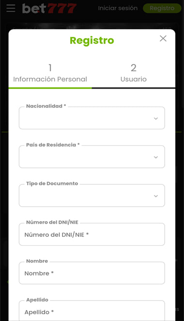 Pantalla de registro en la app de bet777.
