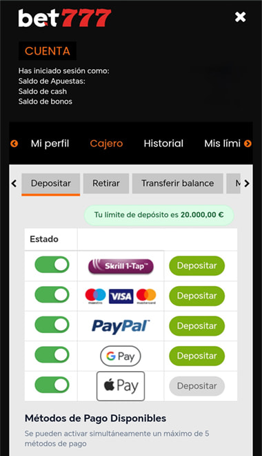Pantalla con los métodos de pago disponibles en la app de bet777.