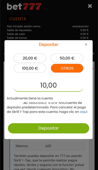 Pantalla de depósito de Skrill en la app de bet777.