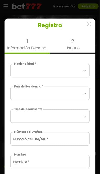 Formulario de registro de Bet777 para depositar con Visa.
