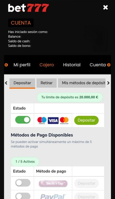 Cajero de Bet777 con Visa entre los métodos de depósito.