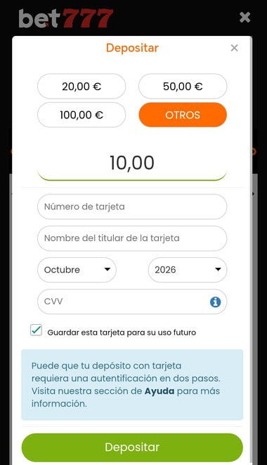 Formulario de Bet777 para indicar el importe y los datos de la tarjeta Visa.
