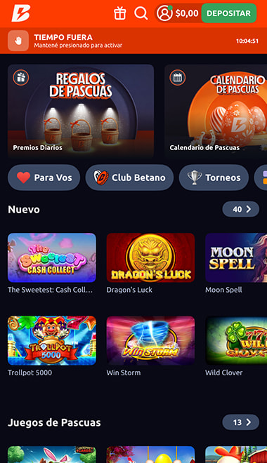 Catálogo de juegos de la plataforma de casino online Betano.