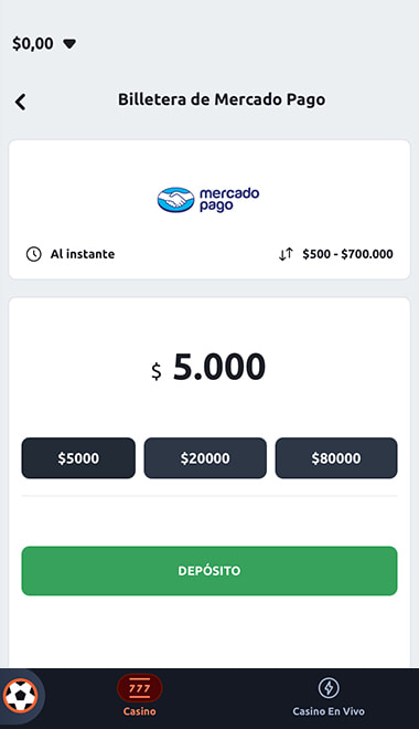 Límites de depósito con Mercado Pago desde la app de Betano.