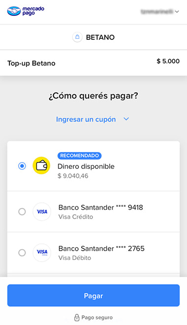 Página de confirmación de Mercado Pago antes de depositar en un casino online.