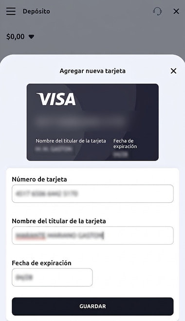 Formulario de Betano para agregar una tarjeta Visa con titular, número y vencimiento.