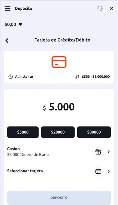 Pantalla de Betano para elegir el monto del depósito con Visa, desde $500.