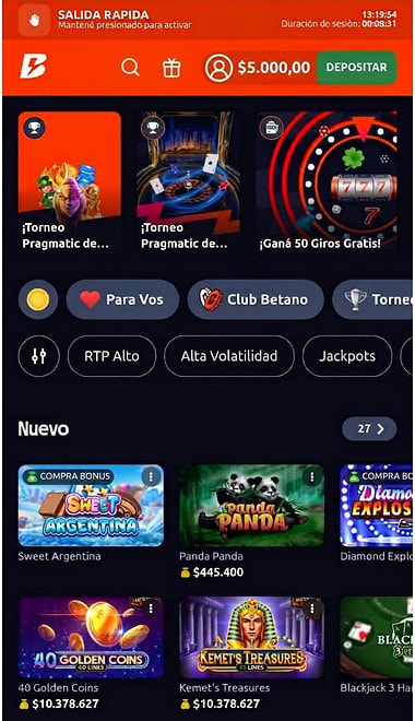 Lobby de Betano con el saldo de $5.000 ya acreditado tras el depósito con Visa.