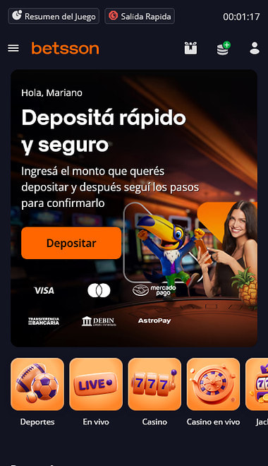 Pantalla de inicio de Betsson Argentina con la sesión iniciada desde el celular