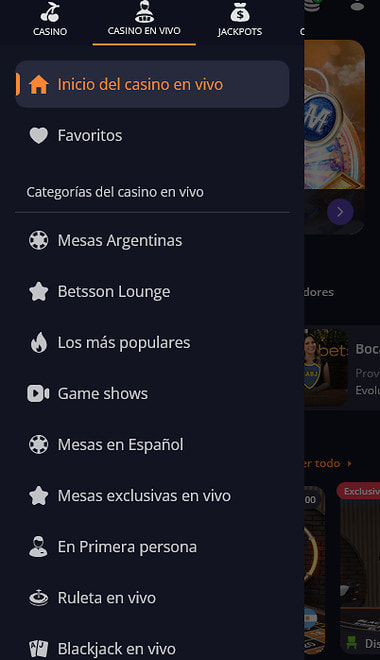 Menú del casino en vivo de Betsson con la categoría Blackjack en vivo