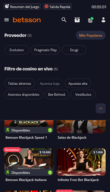 Filtros por proveedor y apuesta en las mesas de blackjack en vivo de Betsson