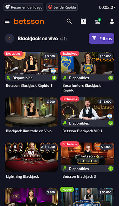 Lobby de blackjack en vivo de Betsson con las mesas y sus apuestas mínimas
