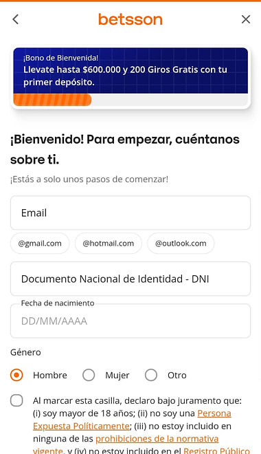 Formulario de registro de Betsson Argentina desde el celular