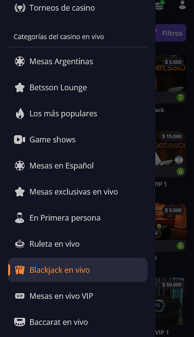 Menú del casino en vivo de Betsson con la categoría Blackjack en vivo