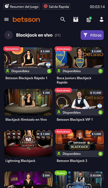 Lobby de blackjack en vivo de Betsson con las mesas disponibles