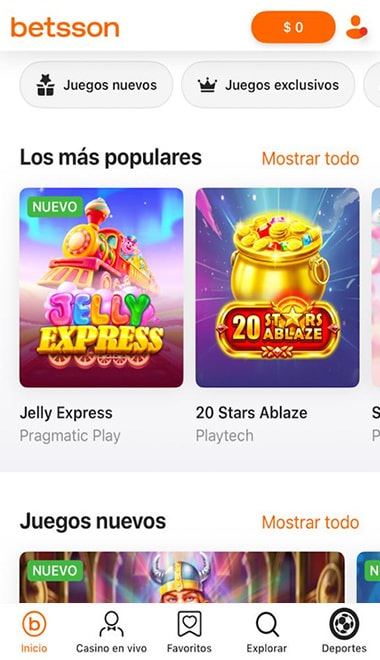 Pantalla principal de Betsson con juegos populares y nuevos en la app.