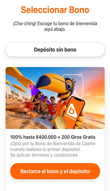 Pantalla para seleccionar el bono de bienvenida de Betsson en Chile.