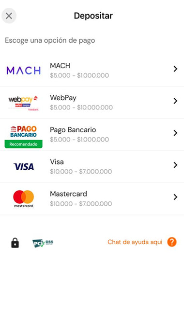 Pantalla de depósito de Betsson con métodos de pago disponibles en Chile.